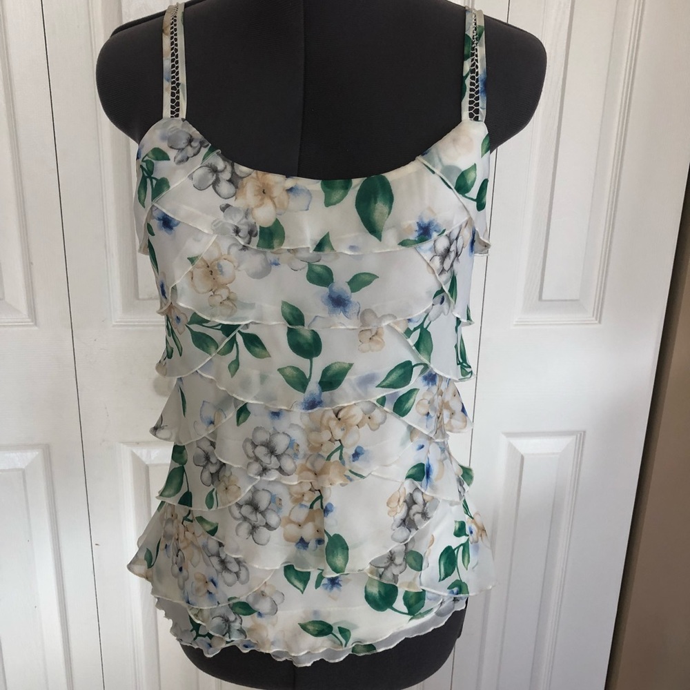 White/green floral tiered tank top